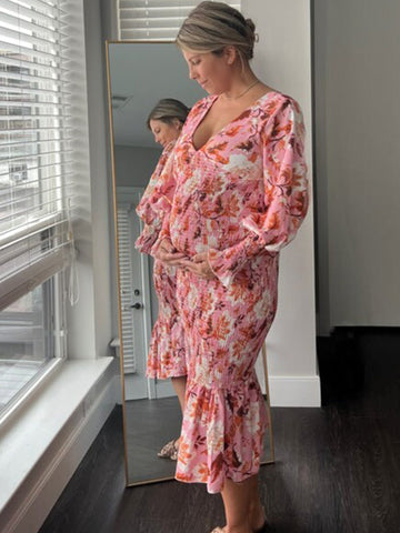 Pink Floral Smocked Mermaid Deep V-neck Lantern Sleeve Elegant Cocktail Party Maternity Photoshoot Baby Shower Maxi Dress Maternity